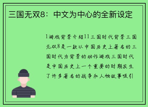 三国无双8：中文为中心的全新设定
