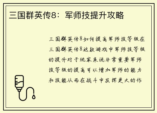 三国群英传8：军师技提升攻略