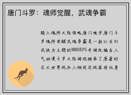 唐门斗罗：魂师觉醒，武魂争霸